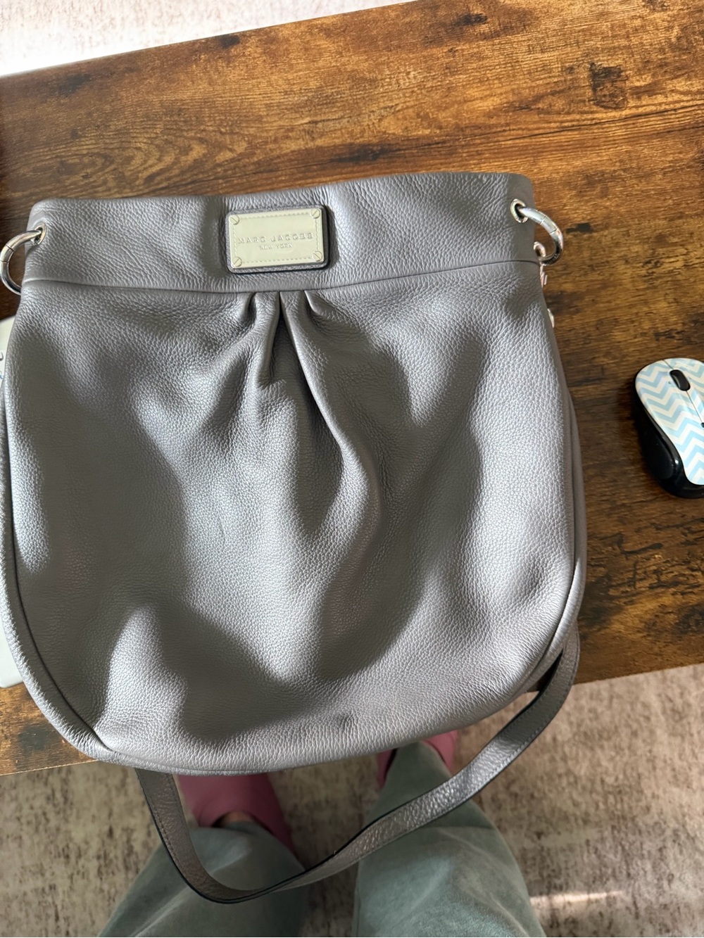 Authentic Marc Jacobs Grey Pebbled Leather Hobo Bag - Silver Hardware